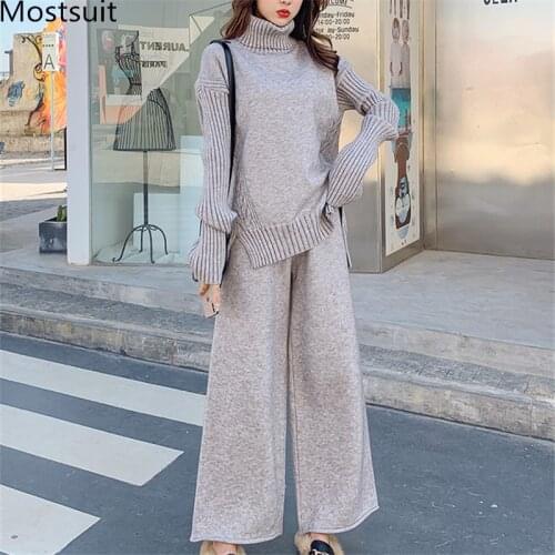 Thicken Knitted Women Two Piece Pants Sets 2020 Autumn Winter Turtleneck Sweater + Wide Leg Pants Ladies Casual Suits Outfits