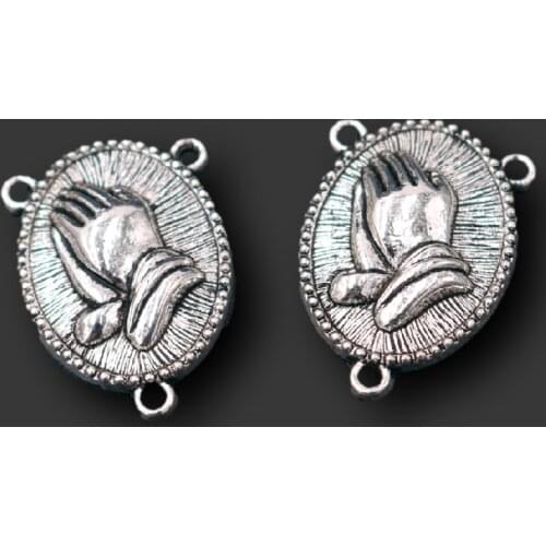 10pcs Silver Plated Catholic Hands Crossed In Prayer Devout Gesture Three Hole Connectors DIY Charm Rosary Jewelry Crafts Making