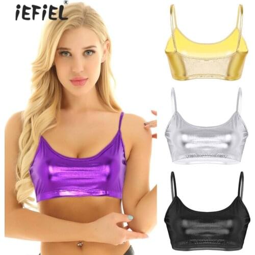 Sexy Womens Shiny Metallic Crop Top Rave Outfit Clubwear Spaghetti Straps Deep U Neck Lingerie Slim Fit Camisole Vest Tank Tops