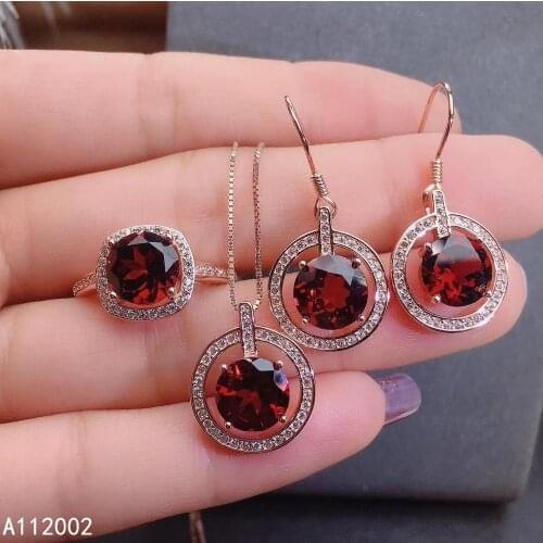 KJJEAXCMY fine jewelry natural garnet 925 sterling silver women pendant necklace ring earrings set support test popular luxury