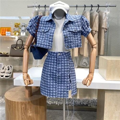 Womens Clothing Summer New Houndstooth Suits Outfits Short-sleeved Denim Jacket + Fashion Drawstring A-Line Skirts 2 Piece Sets