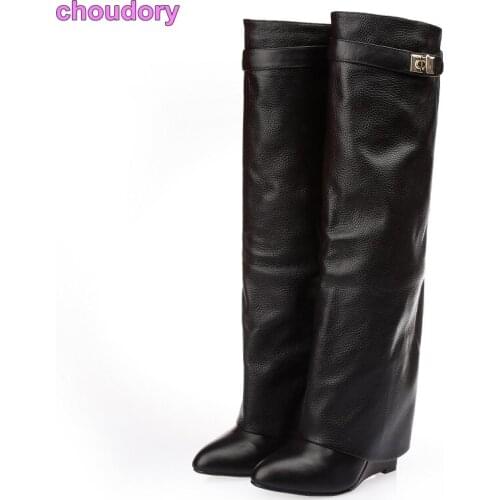 Women Luxurious Brand Knee High Boots Concise Metal Decoration Dress Boots Belt Buckle Wedge Heel Boots Gladiator Shoes US10