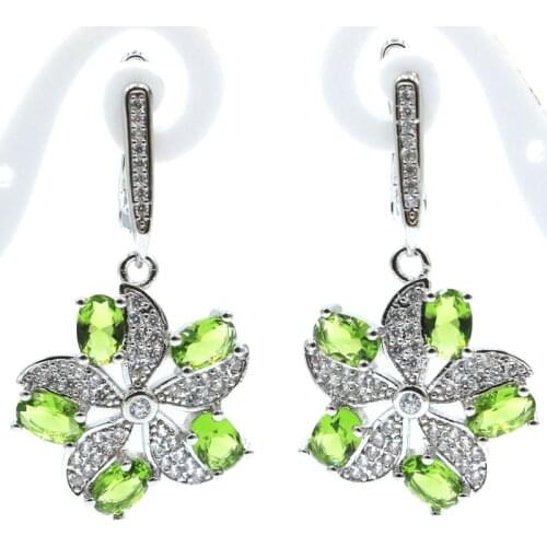 37x20mm Bohemia Design Created Green Peridot Bright Zircon Ladies Wedding Silver Earrings