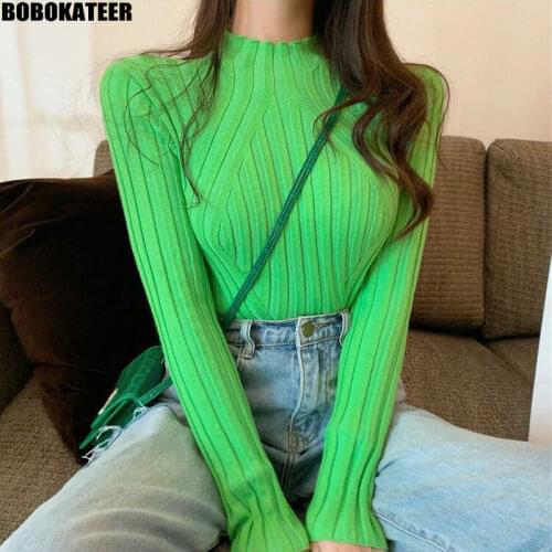 Pullover Women Sweater Vintage Tight Half Turtleneck Sweater Women Autumn Clothes Pink Knitted Tops Green Winter Jumper 2020