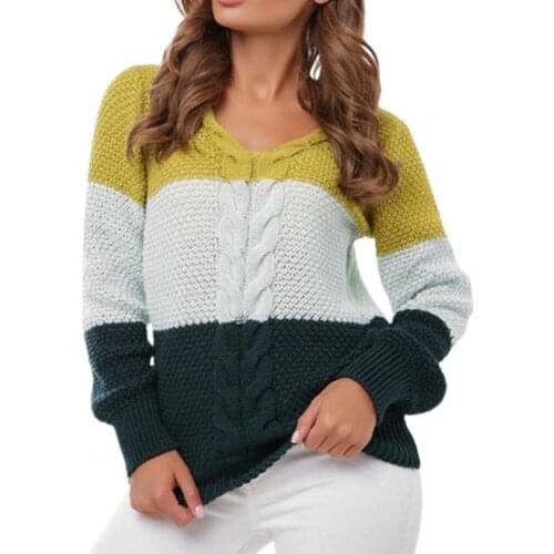 V Neck Knitted Top Long Sleeve Pullover Color Block Knitted Jumpers Women Knitwear Sweater for Daily Wear