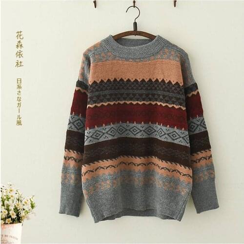 Ladies Retro Jacquard Round Neck Sweater Fall Winter Loose Striped Pullover Korean Knitted Sweater Casual Top 2021