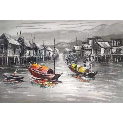 100%Hand Painted Canvas Knife Oil Painting Abstract Fishing Boat Scenery Canvas Painting Wall Art Picture for Home Decoration