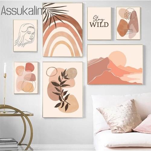 Abstract Painting Sun Moon Landscape Wall Poster Leaf Canvas Prints Nordic Posters Boho Wall Pictures For Living Room Decor