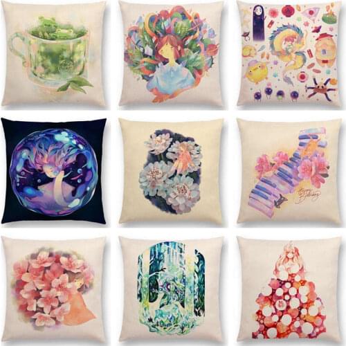 Dreamlike Watercolor Painting Cute Girls Colorful Flowers Fantasy Ocean Marine Cushion Cover Home Decor Sofa Throw Pillow Case