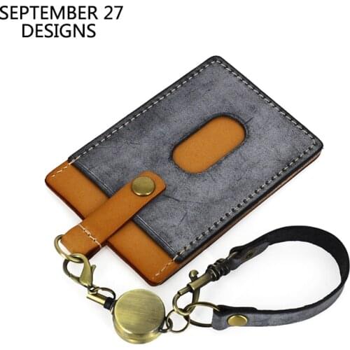 ID Badge Holders Vertical Style Genuine Leather Name Tag Identity Card Lanyard Retractable Keychain Cowhide Credit Bus Card Pull