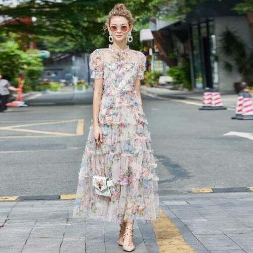 DIDABOLE Fashion High Quality New Summer WomenS Exquisite Gorgeous Mesh Printing Elegant Short Sleeve Party Long Dress