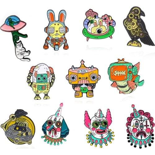 Robot aliens Mechanics Enamel Brooch clown rabbit bird cat Lapel Pin Flower UFO Fashion custom Badge