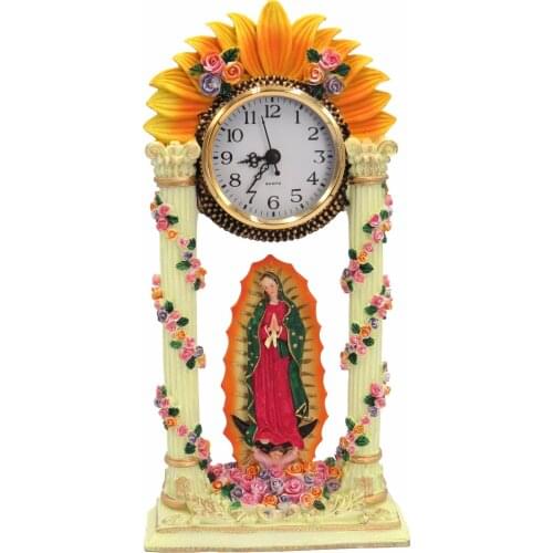 Hankroi Marble Pillar Antique style Desk Clock Resin Table Clock Religious Theme Virgin Mary 12.25 Inches Height Hand Painted