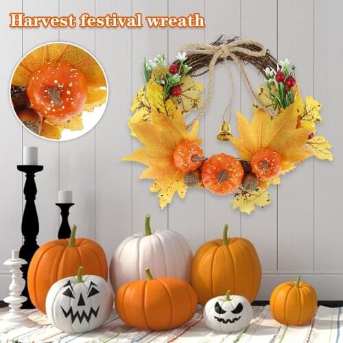 45CM Artificial Autumn Wreath Maple Leaf Pumpkin Wreath Thanksgiving Autumn Fall Harvest Halloween Door Wreath Home Decor