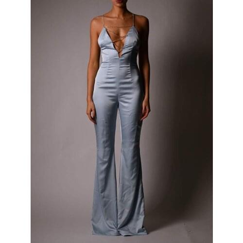 Sexy Long Wide Leg Pants Jumpsuit Women Sleeveless Backless Chain Strap Deep V-Neck Sliver Orange Bodysuit Party Club Celebrity