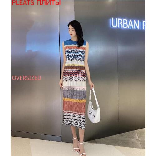 Summer High Waist Temperament Commuter Long Dress Split Vestido Printed Ethnic Miyake Pleated Dress De Mujer Robes Robe Femme