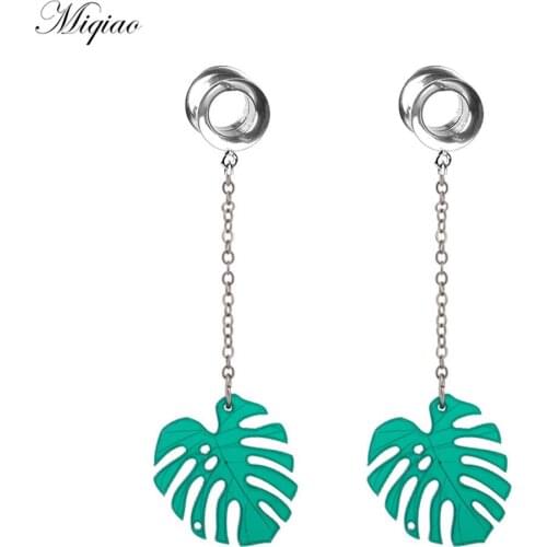 Miqiao 2pcs Hot New Style Stainless Steel Long Chain Green Banana Leaf Ear Expander Exquisite Body Piercing Jewelry