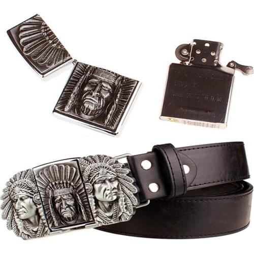 Fashion gift mens belt with kerosene lighter belt metal buckle belts Indian chief design punk rock strap for men gift belt