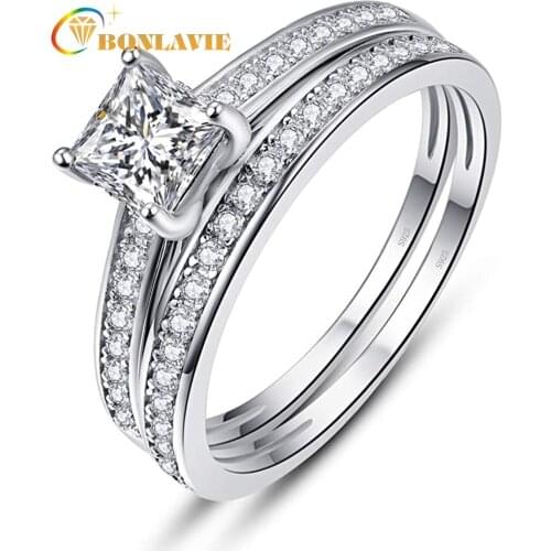 BONLAVIE Engagement Rings Set Princess Cut 1.35ct White Cubic Zirconia CZ April Birthstone 925 Sterling Silver Fashion Ring