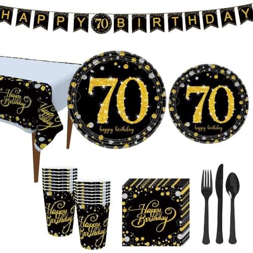 70th Birthday Party Supplies Set Black Gold Disposable Tableware Kit Decorations Plates Cups Napkins Banners Dinnerware Cutlery