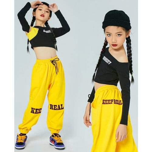 2021 New Hip Hop Modern Dance Costumes For Girls Long Sleeved Hiphop Pants Performance Rave Clothes Kids Jazz Dancewear DQS6405