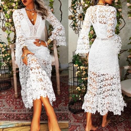 2021 Autumn Women Long Dress Fashion Vintage Sexy Hollow Out Lace V Neck Long-sleeved Ladies Dress Elegant Casual Party Dress