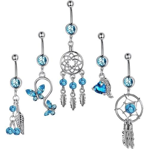 1pc Sexy Dangling Navel Piercing Belly Button Ring Stainless Steel Bar Crystal Blue Zircon for Woman Girls Drop Body Jewelry 14G