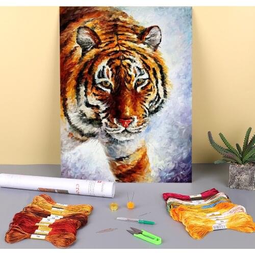 Tiger On The Snow Printed Fabric 11CT Cross-Stitch DIY Embroidery Kit DMC Threads Painting Handicraft Hobby Needlework Needle
