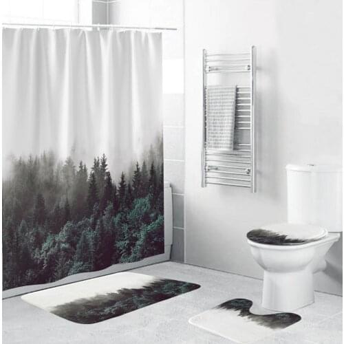 High Quality Mist Forest Trees Pattern Fabric Shower Curtain Bathroom Curtains Non Slip Rugs Carpet Toilet Flannel Bath Mat Set