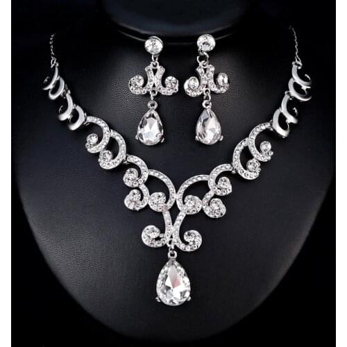 Lady Fashion Rhinestone Pendant Earrings Necklace Luxury Bridal Jewelry Set New