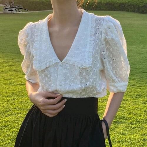 Summer New 2021 Doll Collar Solid Casual Shirt Short Sleeve Loose Women Tops Sweet Hollow Flower Lace Blouse Puff Sleeve 13919