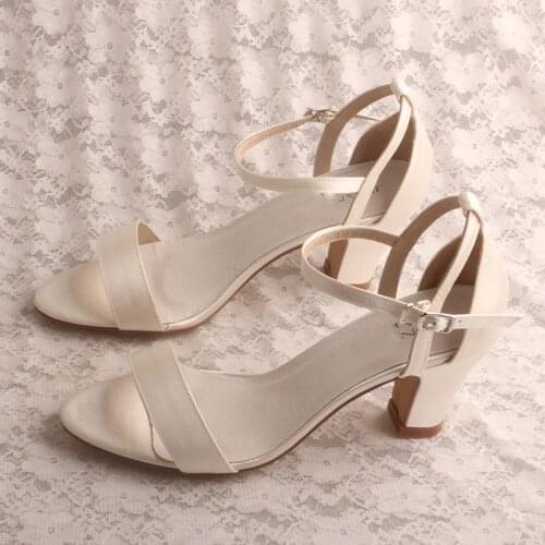 Women Open Shoes Sandals with Heels Ivory Satin Chunky Heel