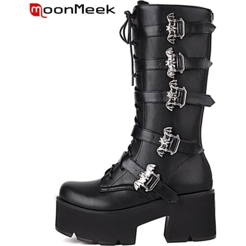 MoonMeek 2022 New Knee High Boots Buckle Strap Cross Tied Metal Decoration Lady Shoes With Fur Thick High Heels Winter Fashion