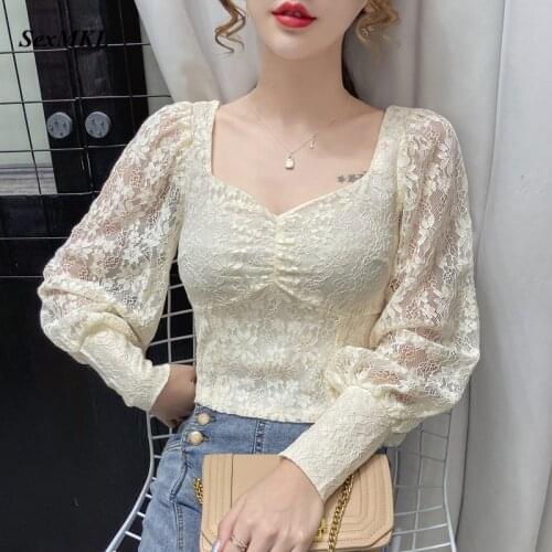 Women Vintage Lace Blouses 2020 Fashion Autumn Long Sleeve Casual Crop Tops Korean Clothes Slim Winter Elegant Sexy Offie Blouse
