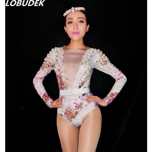 Adult Female Costume Sparkly Crystal Pearls Bodysuit Mesh Sexy Perspective Stretch Bodysuits Bar Party Celebration Stage Outfit