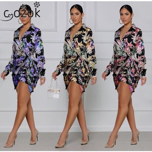 Summer New Bandage Printing Shirt Womens Blouse Dress Lace Up Cross Tie Shirt Long-Sleeved Dress Asymmetrical Above Knee, Mini