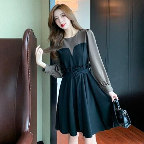 Plus Size S-5XL Spring Fall A-Line Patchwork Dress Women Long Sleeve O Neck Belt Slim All-Match Knee Lenght Caslal Dresses