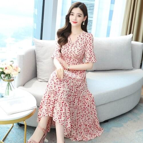 Floral Print Pleated Dress Long Sleeve Women Dress V Neck Loose Ladies Dresses Beach Dresses 2021