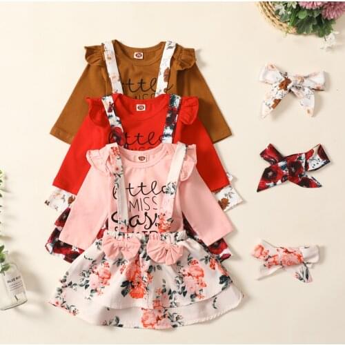 Cute Floral Letter Print Baby Girl’s 3PCS Suit Fashion Long Sleeve Romper+Flower Suspender Skirt+Headband Baby Fall Clothes Set