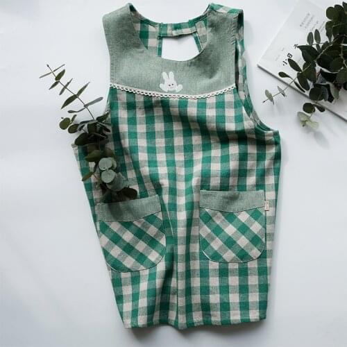 74x56cm Korean style cotton linen apron checkered plaid with pocket antifouling apron kitchen home smock household gown