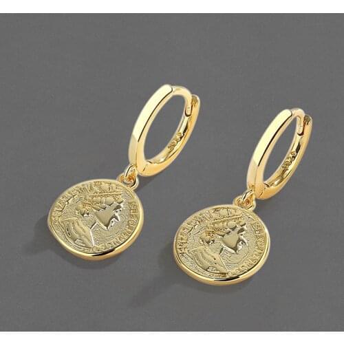 Binmonray 925 Sterling Silver Trendy Vintage Statue Coin Portrait Pendant Hoop Earrings Women 2021 Trendy Fashion Female Jewelry