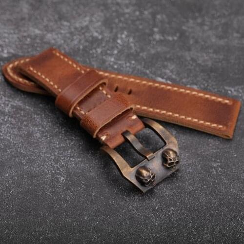Skull Bronze Buckle 24 26MM, Suitable For PAM Bronze Watch Watchband, Mens Vintage Brown Strap, Handmade