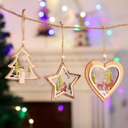 Home Festival Ornaments Christmas Tree Pattern Wood Hollow Snowflake Snowman Bell Hanging Decorations LX8593