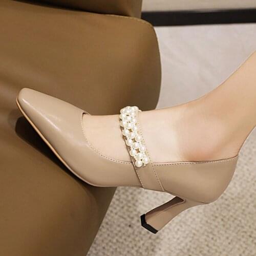 Square-Toe Elegant Apricot Office Womens Shoes, Wineglass Heel, Comfortable Commuter Style High Heels Set Foot Pearl String