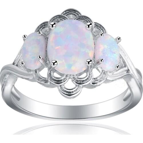 Hainon Large White Fire Opal Rings With Stone Silver Color Clear Crystal Flower Cherry Cross Hollow Rings Jewelry Woman Girl