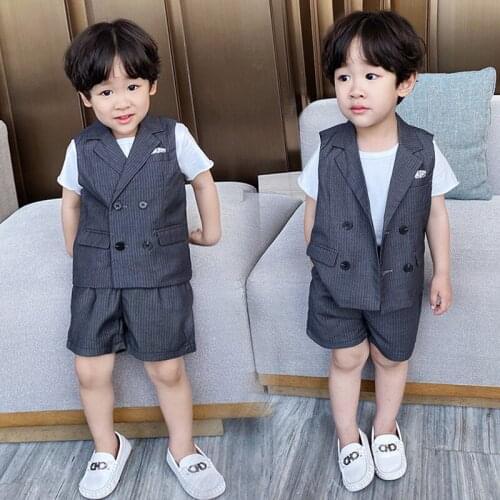 Toddler Boys Clothes Sets Korean Baby Boys Striped Lapel Vest Shorts 2pcs Suits 2-8 Y Childrens Fashion Vest Set Kids Clothing