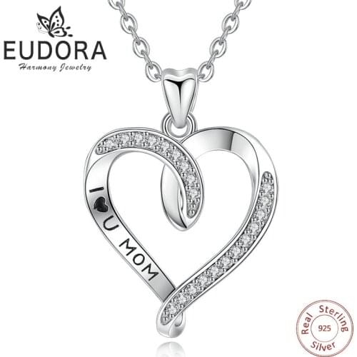 EUDORA 925 Sterling Silver I Love MOM Pendant Necklaces with CZ Fashion Women Jewelry Family Mother Daughter Birthday Gift D255