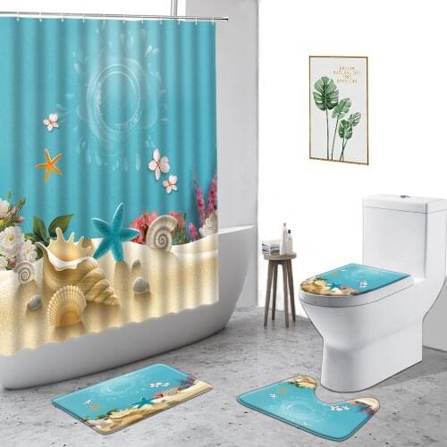 3D Summer Beach Scenery Shower Curtain Cute Blue Starfish Holiday Theme Bathroom Decor Curtains Set Non-Slip Carpet Toilet Cover
