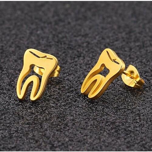 Wholesale 100 pairs/lot Cute Hollow Tooth Steel Titanium Stud Earrings Simple Style Fashion Jewelry Gifts for Women Men Girls
