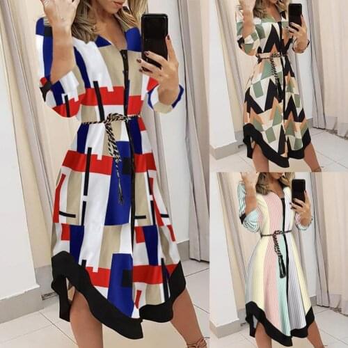 Midi Dress Long Sleeve V-neck Cloth Summer Turn-down Collar Dress for Party 50% Hot Sale